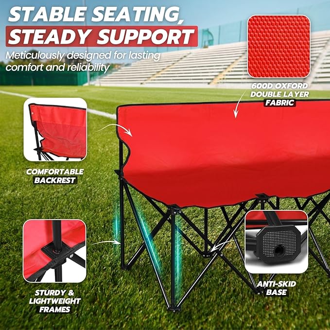Flexzion Portable Folding Bench Seat 6 Seater Collapsible Soccer Bench Portable Bench Seats for Bleachers Camping Sideline with Back Rest and Carrying Bag Red