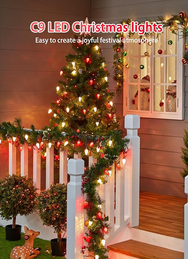 C9 Christmas Lights Outdoor Waterproof 114 Feet 150 LED C9 String Lights with Timer &amp 8 Light Mode Connectable Christmas Tree Lights for Indoor Outside Roofline Patio Decoration Red &amp Warm