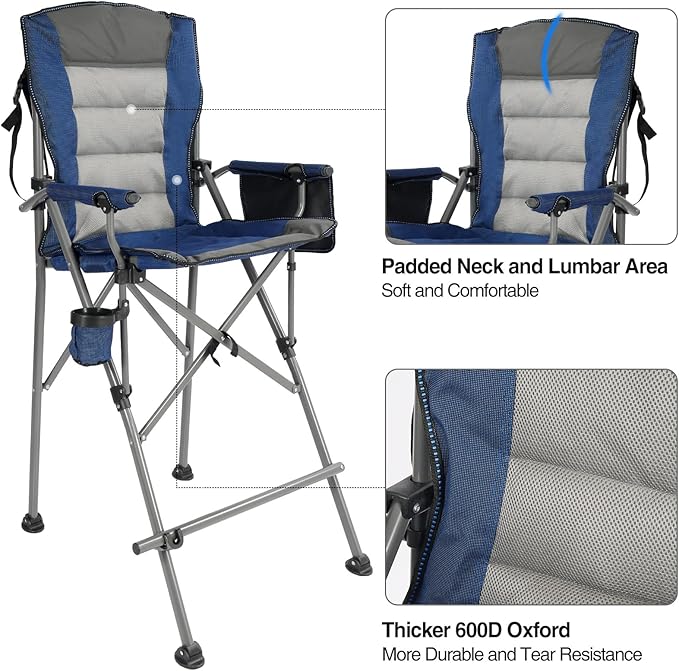 Extra Tall Folding Chairs for Adults 2 Pack Portable Bar Height Foldable Director Chairs for Camping Outside Comfortable with High Back and Footrest Blue