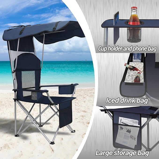 PLKO Camping Chairs with Canopy Portable Quad Lawn Chair for Adults Folding Recliner Chair with Cup Holder Outdoor Events and Shade- Support 330 LBS