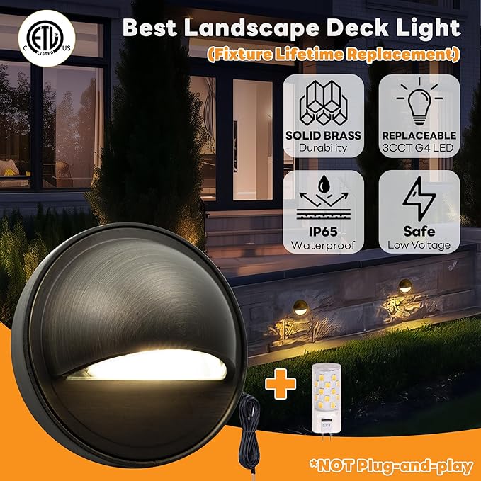 Gardenreet Low Voltage Deck Lights - Solid Brass Landscape Step Lights LED 12V Hardwired IP65 Waterproof Bronze Round for Stair Wall Yard with 3W 270LM Dimmable Warm &amp Neutral White G4 Bulb 8 Pa