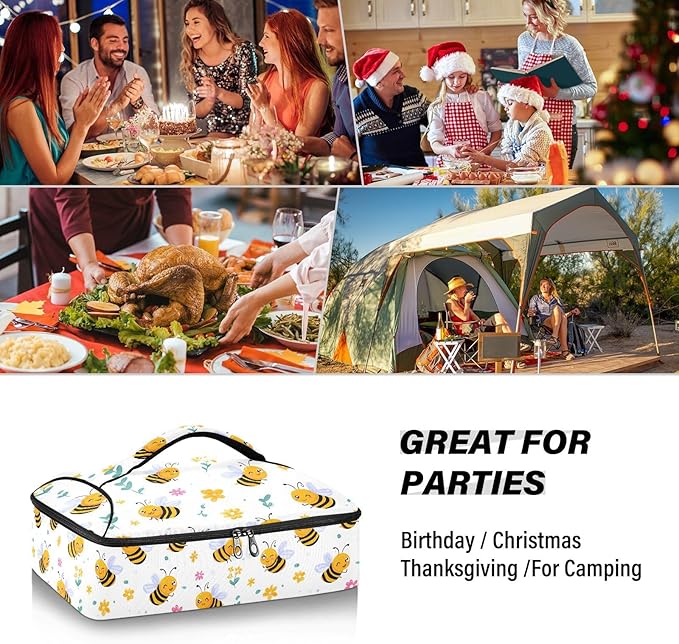 Casserole Carrier Cute Pattern Bees and FlowersInsulated Casserole Carrier for Hot or Cold Food Thermal Lunch Tote for Potluck Parties Picnic Beach Fits 9 x 13 Inches Baking Dish