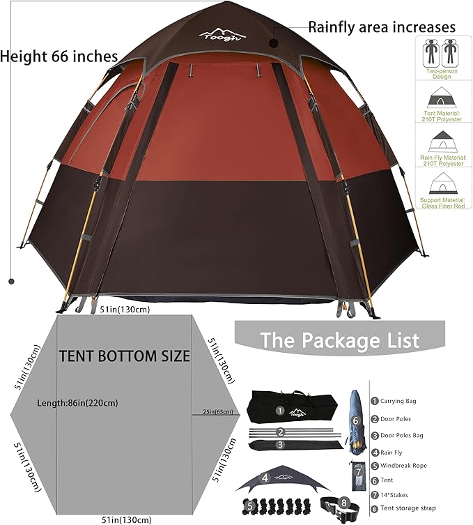 Camping Tent with Instant Setup 2/3 Person Weatherproof Easy Quick Set Up in 60 Seconds with Rainfly Backpack Tent for Family Camping &amp Hiking Upgraded VentilationCenter Height 66-inch