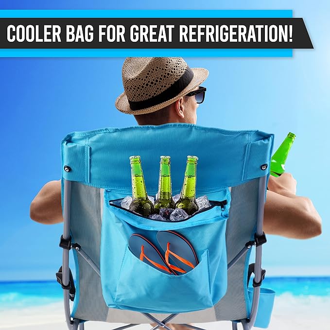 Nice C Compact High Back Beach Chair for Adults w/ Cooler Cup Holder &amp Carry Bag - Heavy Duty for Outdoor Camping BBQ Travel Picnic Festival (One Blue)