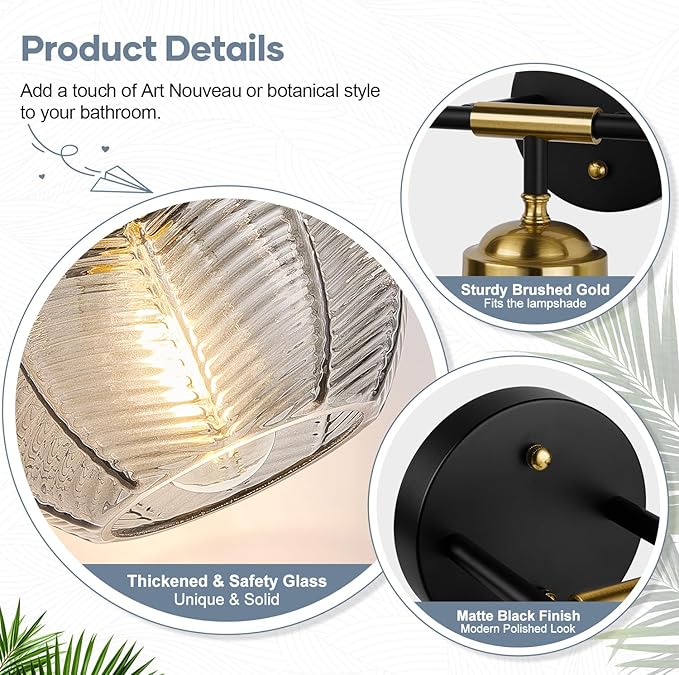 Bathroom Light Fixtures 3-Light Smokegray Vanity Lights with Unique Leaf Texture Glass Shade Modern Matte Black and Gold Bathroom Wall Lamp for Mirror Hallway Cabinet Living Room