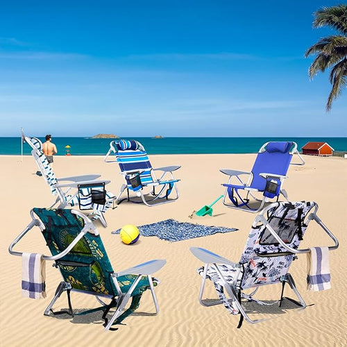 2 Pack Lightweight Portable Camping Beach Chair for Adults Outdoor Lay Flat Folding Beach Chairs with 5 Positions Backpack Beach Chair with Towel Bar Zipper Pouch Cup Holder Blue