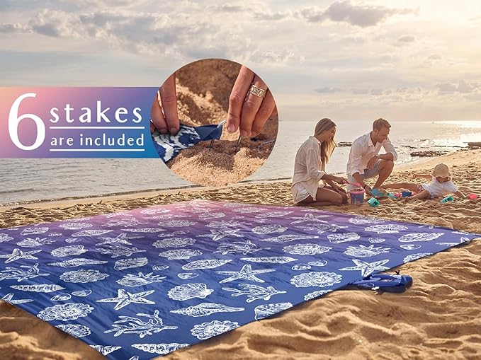 WEKAPO Beach Blanket Waterproof Sandproof &amp Sand-Free Beach Mat with Stakes &amp Built-in Storage Bag – Oversized Extra Large Perfect for Outdoor (Deep Blue Sea Shells 8 X 7 FT (1~4 Person))