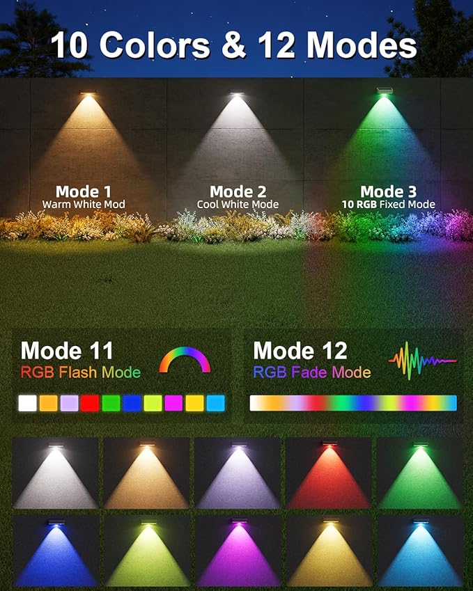 Solar Fence Lights Outdoor 8 Pack 50LM Ultra Bright 3 Color Temperatures &amp RGB IP65 Waterproof Dusk-to-Dawn Solar Powered Fence Lights for Patio Railing (Black)