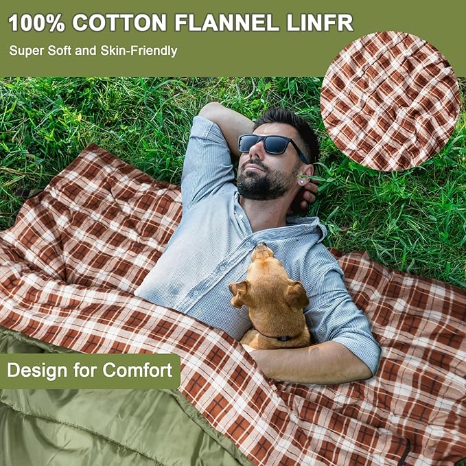 AGEMORE Cotton Flannel Double Sleeping Bag for Camping Backpacking Or Hiking. Queen Size 2 Person Waterproof Sleeping Bag for Adults Or Teens. Lightweight with Compression Sack