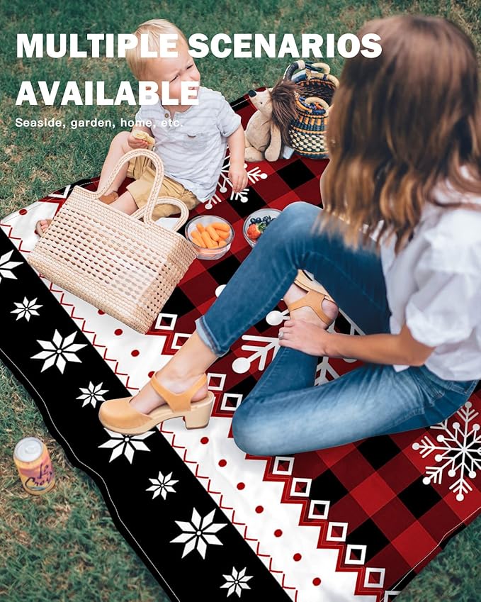 Beach Blanket Waterproof Sandproof Christmas Winter Snowflake Red Ripple Quick Drying Beach Mat with 4 Stakes Retro Black Buffalo Plaid Lightweight Picnic Blanket for Travel Camping Outdoor 95x80
