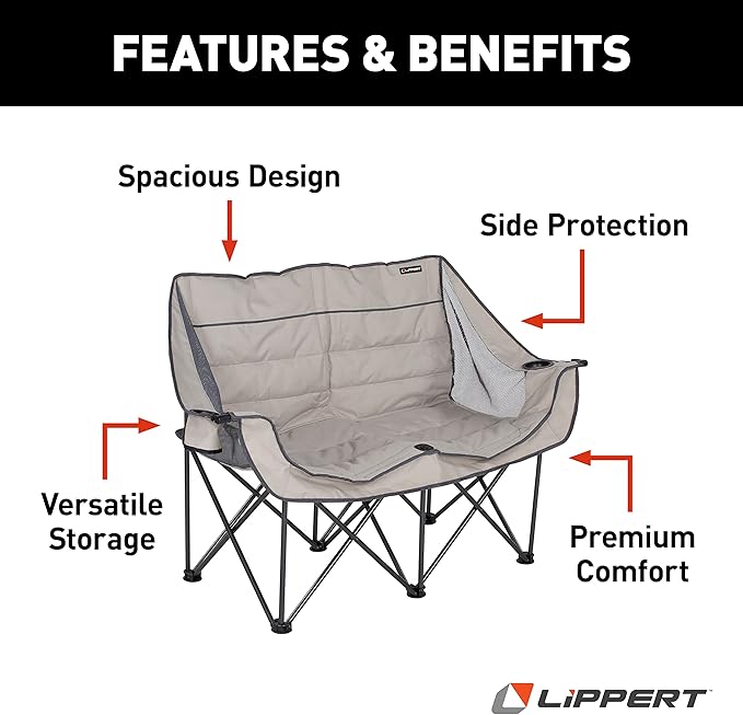 Lippert Campfire Folding Loveseat with 500-lb. Weight Capacity Carry Bag Durable Mesh Fabrics High-Loft Cushioning Storage Pocket Dual Cupholders Stemmed Wine Glass Holder (Sand) - 2021000205