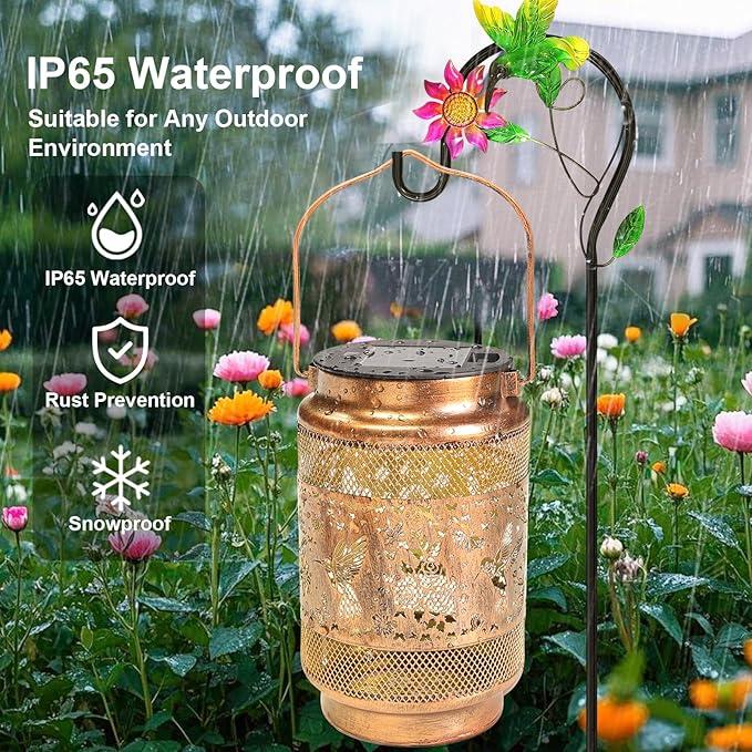 2 Pack Hummingbird Solar Lanterns Outdoor Waterproof Solar Garden Decor Birthday Gifts for Women Mom Grandma Metal Hanging Lights with Shepherd Hook for Yard Patio Pathway Backyard Porch