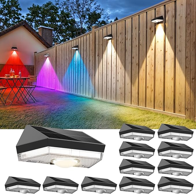 Solar Fence LightsWarm White &amp Cool White &amp RGB 7Colors ＆ Color Changing Mode IP65 Waterproof Solar Lights Outdoor Solar Deck Lights for Outside/Patio/Backyard/Wall/Pool/Fence/Railing/Step(1