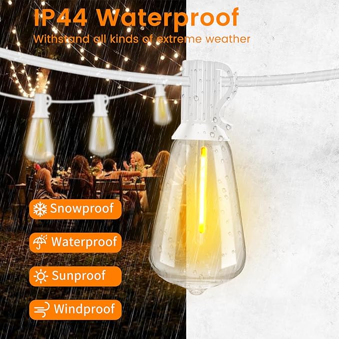 LED Outdoor String Lights 50ft ST38 White Waterproof Patio Lights with 25 Vintage Shatterproof Bulbs(2 Spare)