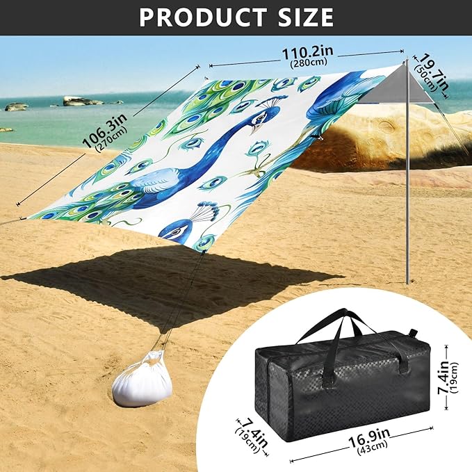 Peacock Seamless Watercolor Pattern Camping Sun Shelter Beach Tent Portable Beach Sun Shade Outdoor Canopy for Camping Trips Fishing Picnic