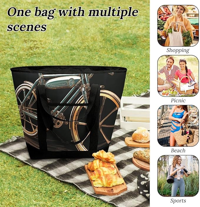 Insulated Shopping BagLarge Reusable Cooler Bags Bike Printed Foldable Shopping BagTravel Waterproof Shoulder Bag