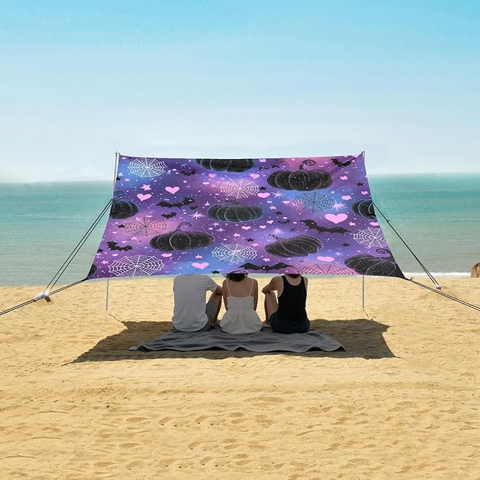 ALAZA Pumpkin Bat Heart Spider Web Halloween Beach Tent Sun Shelter UPF50+ Protection Beach Shade Canopy w/ 4 Sandbags for Outdoor Camping Fishing Backyard Fun Picnic 10x9 ft