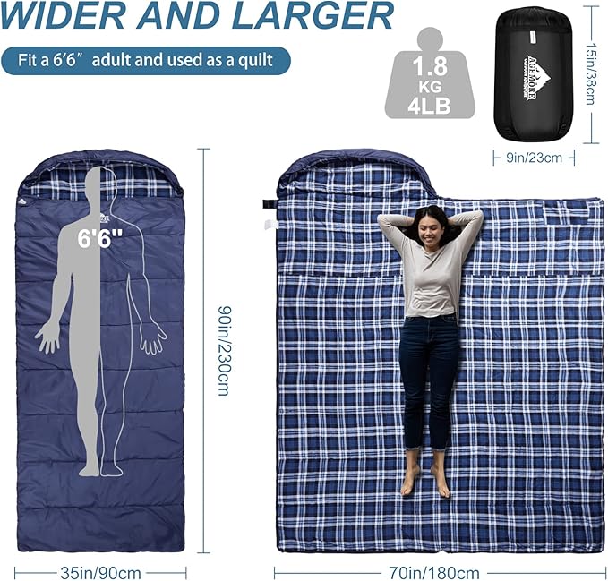 AGEMORE Cotton Flannel Sleeping Bag for Adults Lightweight XXL Cotton Sleeping Bag for Camping Backpacking or Hiking Water Resistant 3-4 Season Sleeping bag for Warm &amp Cool Weather
