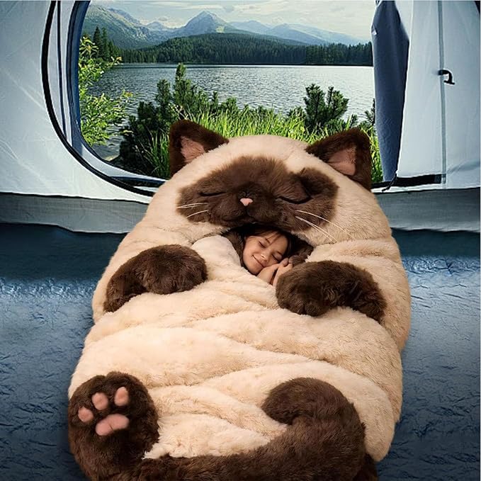 Plush Cat Print Envelope Sleeping Bag | Cat Sleeping Bags for Humans | Warm Cats Mummy Sleepings Bag with Soft Flannel Lining Self | Giant Plush Envelope Design Sleep Sack Cats Blanket for Humans