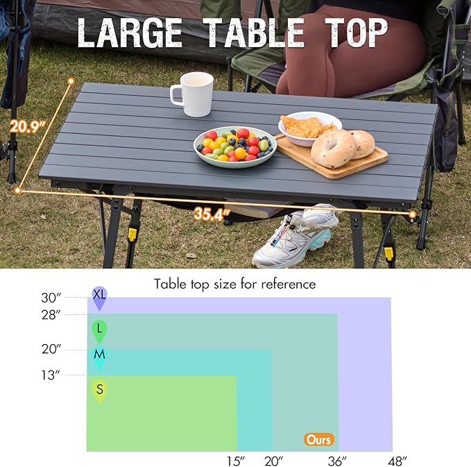 PORTAL Outdoor Folding Portable Picnic Camping Table with Adjustable Height Aluminum Roll Up Table Top Mesh Layer Dark Gray
