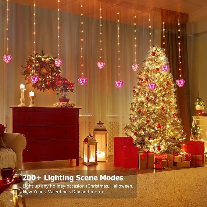 Heart Curtain Lights Valentines Day Decor 10ft x 3.3ft RGB LED Color Changing String Fairy Lights Curtain 200+ Scene Modes for Valentines Day Decorations Bedroom Backdrop Indoor Outdoor