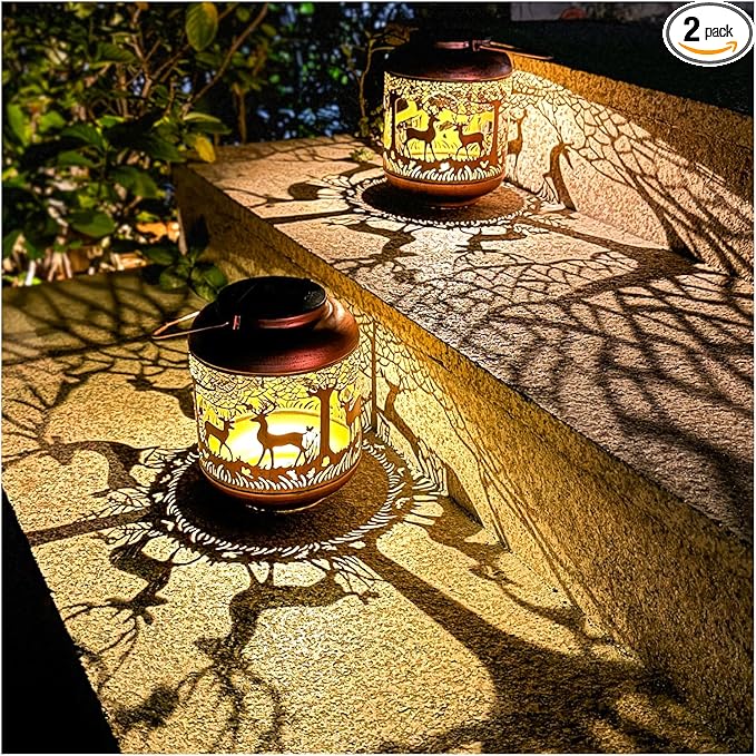 2 Pack Deer Solar Lanterns Outdoor Waterproof Hanging Solar Lights Deer Gifts for Women Men Metal Decorative LED Lanterns for Yard Patio Lawn Tabletop Pathway Landscape Garden Decor