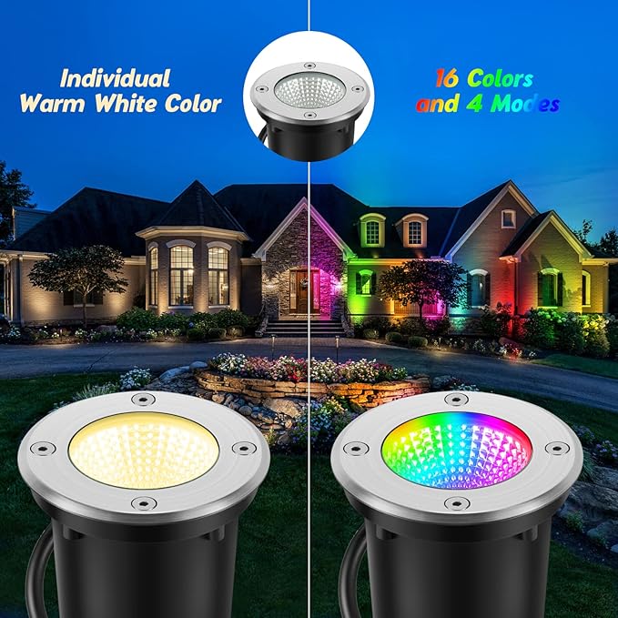 RGBW Warm White Low Voltage Landscape Lights 10W Color Adjustable LED Landscaping Lighting IP67 Waterproof Outdoor In-Ground Light 12V-24V Pathway Garden Deck Driveway Well Lights (2Pack)