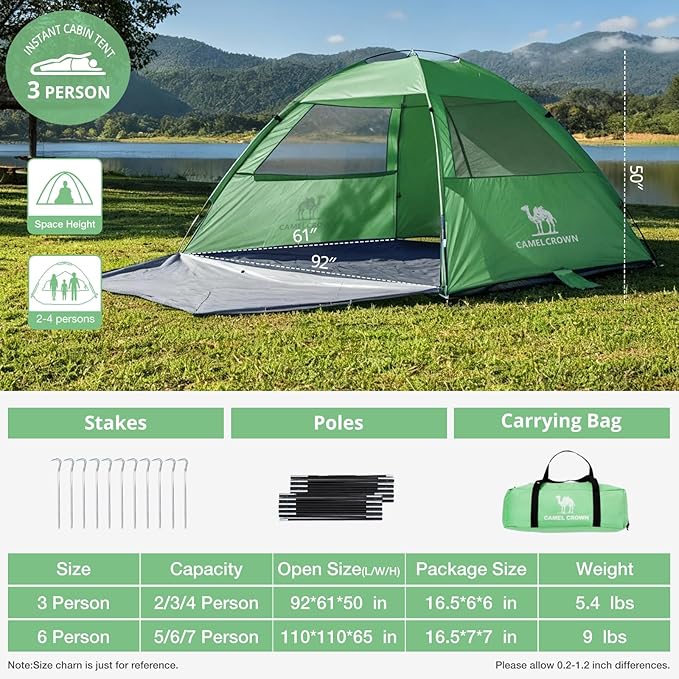 CAMEL CROWN Beach Tent UPF 50+ Sun Shelter for 2/3/5/6 Person Lightweight Portable Sun Shade with Sand Anchor Family Beach Day &amp Outdoor Adventures