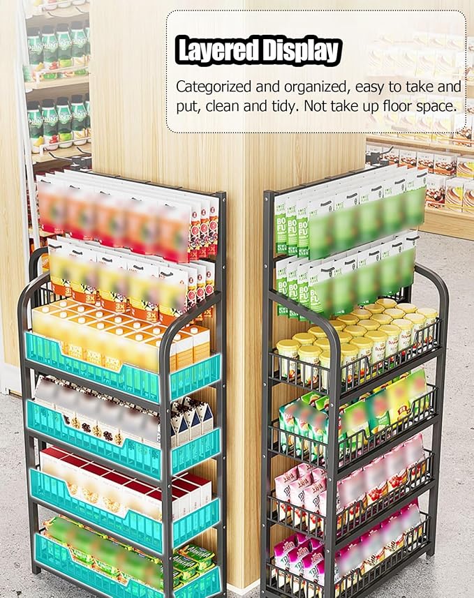 5-Tier Black Floor Standing Display Rack with Hooks Potato Chip Shelf Organizer for Kitchen &amp Commercial Use Ideal for Break Rooms &amp Pantries (Size: 60x27cm)