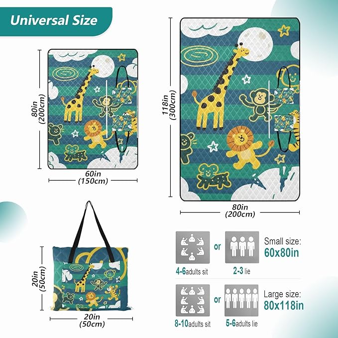 KLL Funny Giraffe Monkey Stripe Green Blue Waterproof Picnic Accessories Sand Free Grass Camp Rug for Outdoorsy People Couples Gift estera de playa