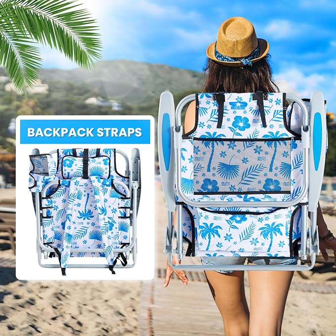 Portable Beach Chair for Adults Outdoor Camping Chair Lay Flat Folding Backpack Beach Reclining Chair with 5 Positions Headrest Cup Holder Heavy Blue Coconut Tree