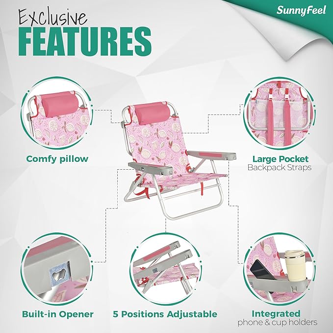 SUNNYFEEL Extra Wide 28 Low Beach Chair 5 Position Lay Flat XL Oversized Portable Folding Camping Chairs with Cup Holder for Outdoor/Trip Lightweight Foldable Backpack Beach Chair for Adults
