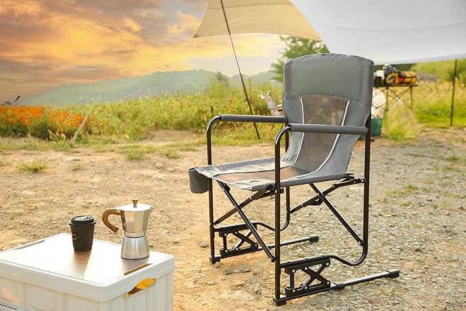 Outdoor Freestyle Rocker Camping Chair Portable Folding Rocking Chair with Solid Armrests Drink Holder Comfortable Backrest Grey