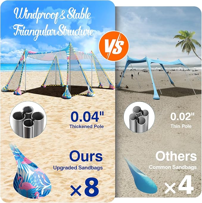 Rhino Valley Beach Tent Shade Canopy UPF50+ Protection 8 Sandbags 4 Stability Poles Outdoor Sun Shelter Umbrella for Sand Camping Fishing Essentials