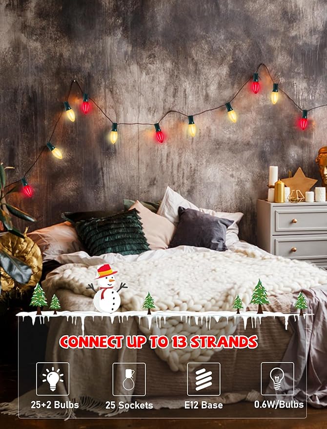 C7 LED Christmas Lights 25Ft Vintage C7 Christmas Lights with 27 LED Clear Red Frosted White Bulbs Hanging Connectable Xmas String Lights for Patio Garden Holiday Home Xmas Decor