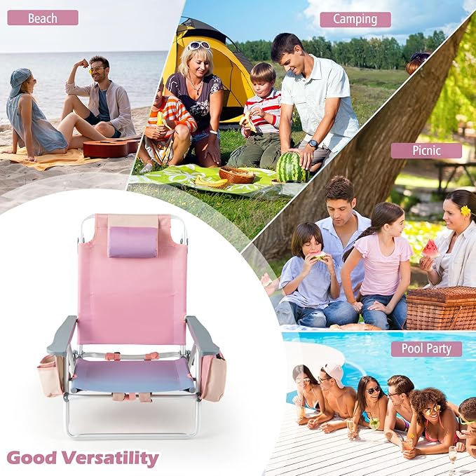 Goplus Beach Chair Folding Backpack Beach Chairs for Adults with 5 Positions Head Pillow Cooler Bag Towel Bar Cup Holders Sunbath Sling Tanning Lounge Foldable Layout Camping Chairs