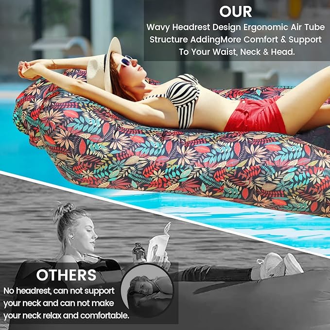 ele ELEOPTION Outdoor Inflatable Camping Couch Waterproof Portable Blow Up Air Sofa Chair Lounger for Backyard Beach Traveling Camping with Compression Sacks (Red Leaf Print)