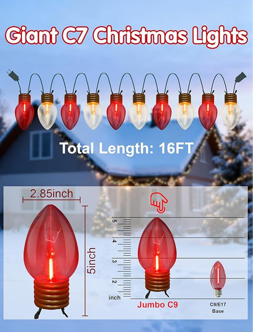 16FT Outdoor Christmas DecorationsJumbo Red and White Giant Christmas Lights Outdoor with 10 LED Clear Red and White Bulbs for Tree Holiday Home Roof Yard Garden Decorations