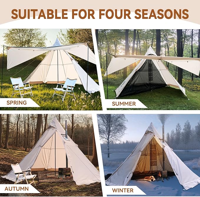 Hot Tent with Stove Jack 4 Season 3-4 Person Tipi Tent for Camping 8.2ft Standing Room with Snow Skirt Cold Weather Shelter for Family Fishing Hiking Hunting Backpacking