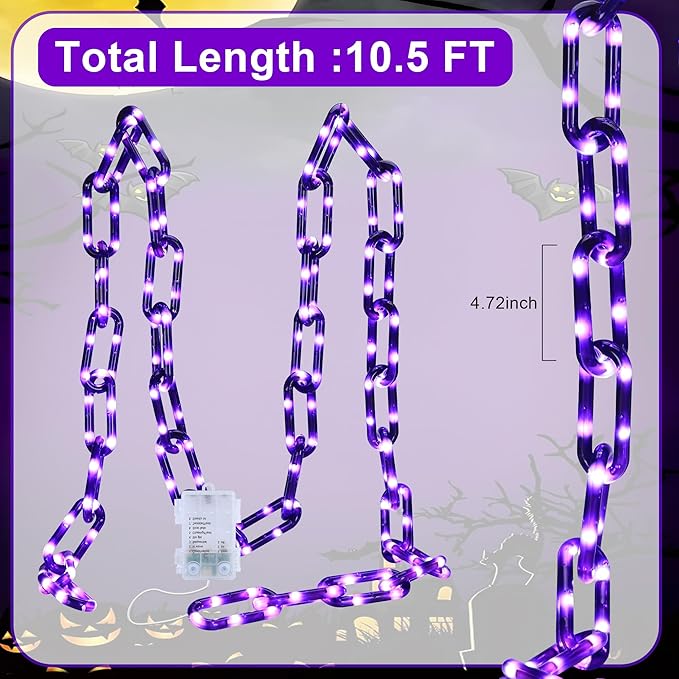 Battery Operated Halloween Lights 10.5FT 175 LED Plastic Chains Lights 8 Modes Waterproof Timer String Light for Skeleton Dog Creepy Costumes Accessories Spooky Outdoor Decorations(Purple)