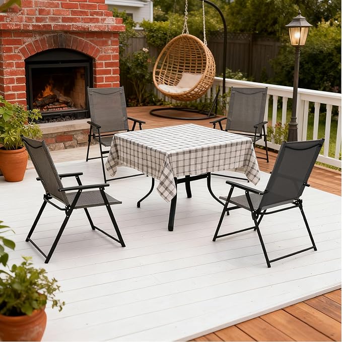 SHGJ&ampSOFT Set of 6 Folding Patio Chairs Outdoor Chair with Armrests for Lawn Garden Pool Beach Yard Lounge Metal Frame No Assembly Camping Chairs (Grey 6pc)