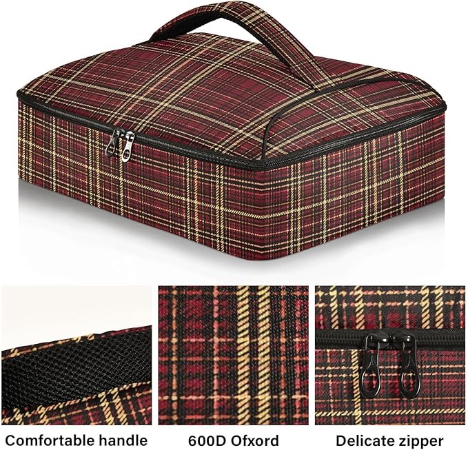 Casserole Carrier Red and Brown Tartan Print Pattern Insulated Casserole Carrier for Hot or Cold Food Thermal Lunch Tote for Parties Picnic Travel Carry Bag