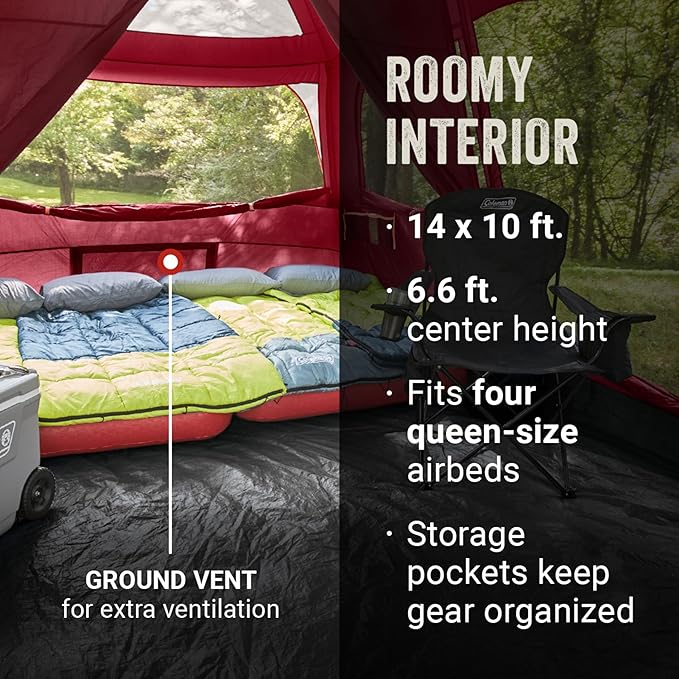 Coleman Skylodge 10-Person Family Tent Weatherproof XL Tent with Rainfly &amp Room Divider Fits 4 Queen-Sized Airbeds Made of PFAS-Free Materials