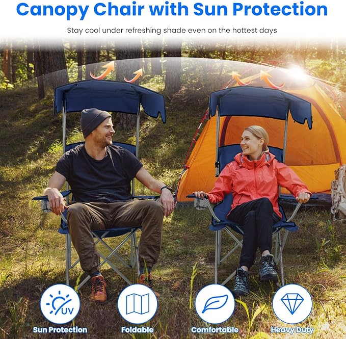 Camping Chair with CanopyOutdoor Folding Chair with Adjustable Shade &amp Cup Holder Heavy Duty Beach Chair for Adult Portable Camping Recliner Support 335 LBS