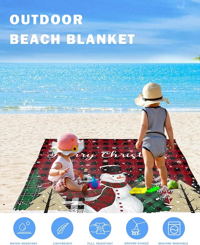Beach Blanket Waterproof Sandproof Snowman Xmas Tree Red Black Buffalo Plaid Quick Drying Beach Mat with 4 Stakes Winter Snowflakes Lightweight Picnic Blanket for Travel Camping Outdoor 95x80