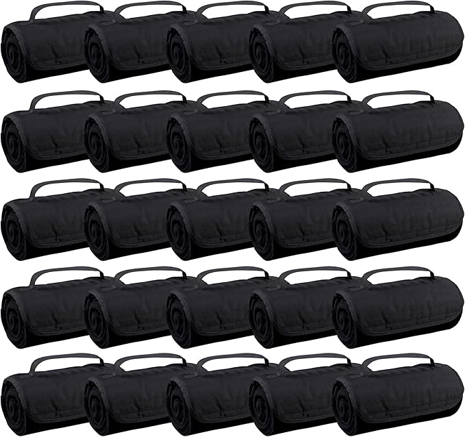 25 Ct of Roll-Up Blankets for Camping Travel Outdoors Beach Picnics – Black – Hook + Loop Closure for Easy Use in Cars &amp on Airplanes – Customizable for Promotions &amp Events