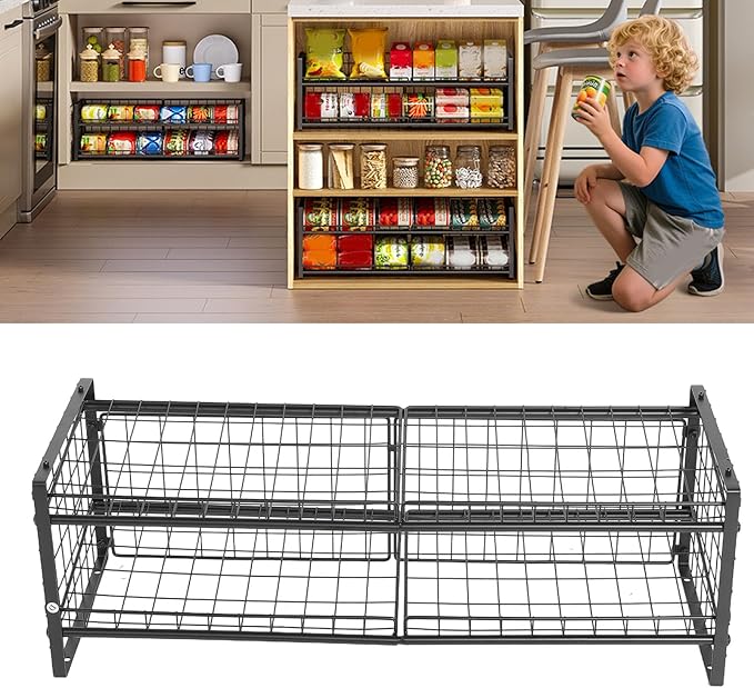 2 Tier Stackable Can Organizer Made of Carbon Steel Holds 64 Cans Adjustable Inclined Shelf with Double Layer Design for Storage