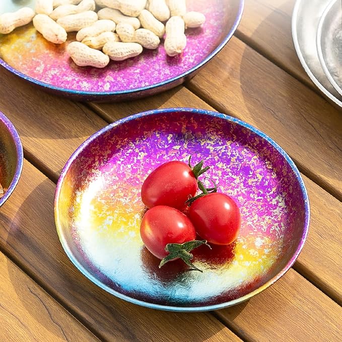 Titanium Camping Plates Lightweight Colorful Round Metal Dishes Durable Outdoor Utensils Rust-Proof Reusable Dinnerware Ideal for Hiking Picnic Camping Backpacking Home RT077T (S+L)