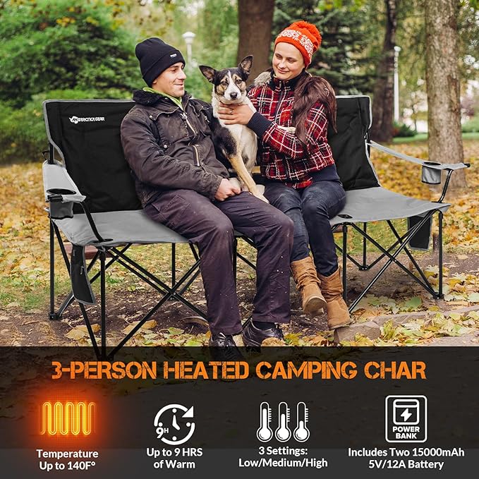 ANTARCTICA GEAR Heated Double Camping Chair with 12V 15000mAh Battery Pack - Heavy-Duty XL Folding Bench for Outdoor Campsites Tailgating - Portable Heated Seating with Adjustable Warmth