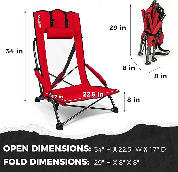 Beach Chair High Back Support Portable Folding Chair for Adults with Head Pillow Shoulder Straps for CampingConcertPicnicSports Events